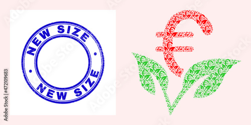 Vector euro startup sprout icon collage is composed from scattered recursive euro startup sprout parts. New Size scratched blue round stamp. Recursive collage from euro startup sprout icon.