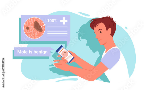 Man with mole test online in smartphone app vector illustration. Cartoon male patient using phone to identify benign or malignant nevus, scanning mole. Healthcare technology, dermatology concept