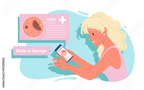 Mobile app for detection of melanoma online vector illustration. Cartoon woman holding smartphone, scanning mole on skin to identify benign or malignant nevus. Modern medical technology concept