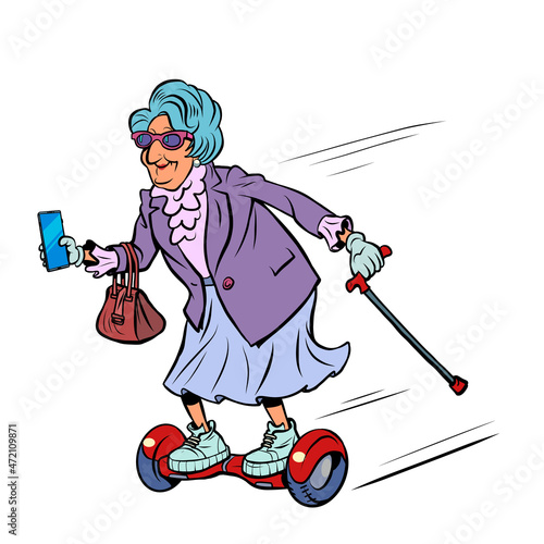 grandma rides a gyro scooter, active recreation of the elderly. Street sports