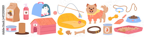 Pet stuff set for shop or salon for domestic animals vector illustration. Cartoon veterinarian accessory collection with food, toys and supplies for cats and dogs isolated on white. Vet store concept