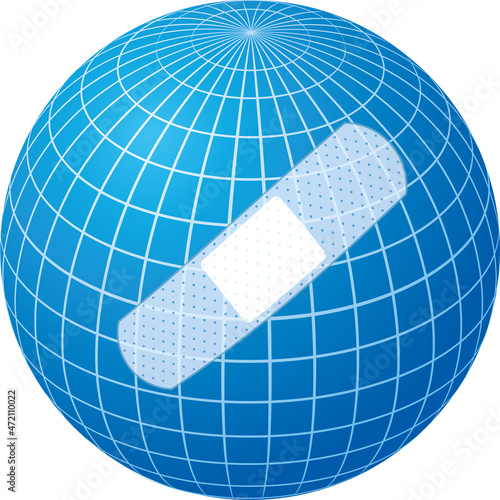 Covid Vaccination of World. Vaccinated for help reduce the risk of catching coronavirus Covid-19. Vector globe with band aid.