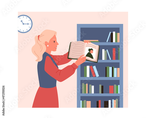 School teacher or librarian holding open book vector illustration. Cartoon woman standing near bookshelves at literature lesson in classroom interior, library, bookstore. Education, knowledge concept