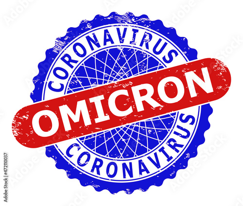 Bicolor CORONAVIRUS OMICRON seal. Blue and red CORONAVIRUS OMICRON seal stamp with rosette and rounded rectangle. Rounded rectangle framed CORONAVIRUS OMICRON seal stamp in red, blue colors,