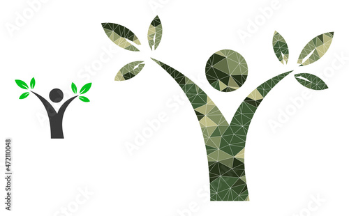 Camouflage lowpoly mosaic tree man icon. Lowpoly tree man pictogram is constructed from random camo filled triangle parts. Vector tree man pictogram designed in camouflage army style.