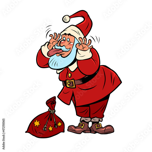 Funny Santa Claus with a bag of gifts makes funny faces