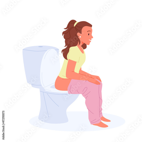 Girl sitting on toilet in correct position vector illustration. Cartoon woman peeing or pooping, female character smiling isolated on white. Hygiene, daily routine, privacy in restroom concept