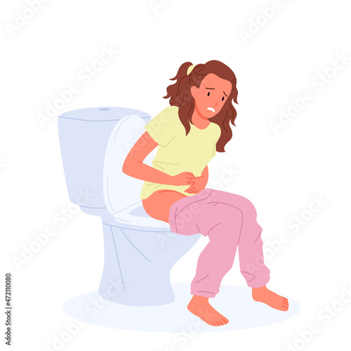 Woman sitting on toilet bowl vector illustration. Cartoon female character suffering from diarrhea, cystitis, hemorrhoids, constipated girl with ache problems isolated on white. Medicine concept
