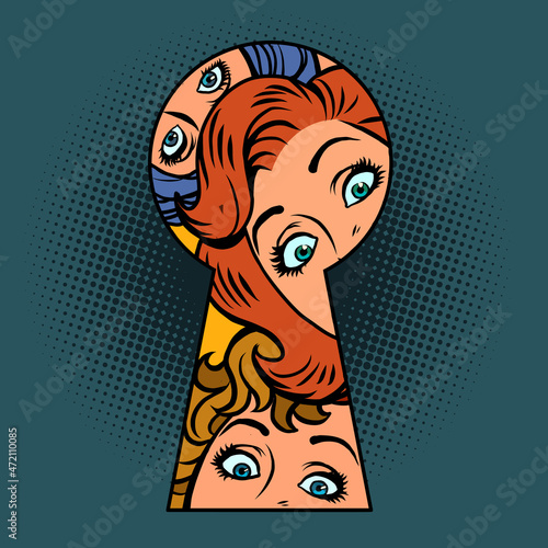 A few surprised women peeping through the keyhole, curious neighbors