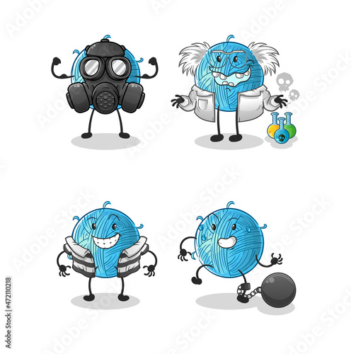 yarn ball villain group character. cartoon mascot vector