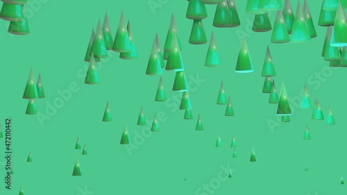 3d green abstract polygonal background with holographic trees. Geometric shapes in dynamic illustration for banner, cover, marketing, tech company. 3d render