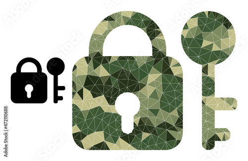 Camouflage triangle collage secrecy icon. Low-poly secrecy icon is constructed of random camouflage filled triangle parts. Vector secrecy icon designed in camouflage military style.
