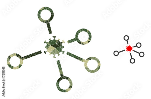 Camouflage triangle mosaic virus node links icon. Lowpoly virus node links icon designed from scattered khaki filled triangle parts. Vector virus node links icon in camouflage military style.