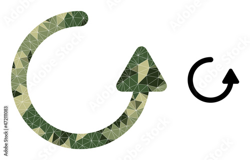 Camouflage triangle mosaic rotate left arrow icon. Lowpoly rotate left arrow icon combined with randomized camo color triangle parts. Vector rotate left arrow icon designed in camo military style.