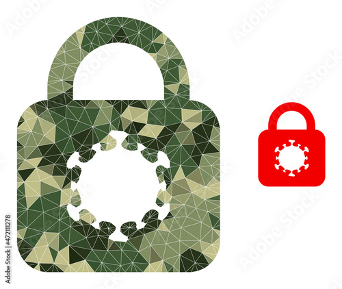 Camouflage low-poly mosaic virus lock icon. Low-poly virus lock icon constructed with chaotic camo filled triangle parts. Vector virus lock icon designed in camo army style.