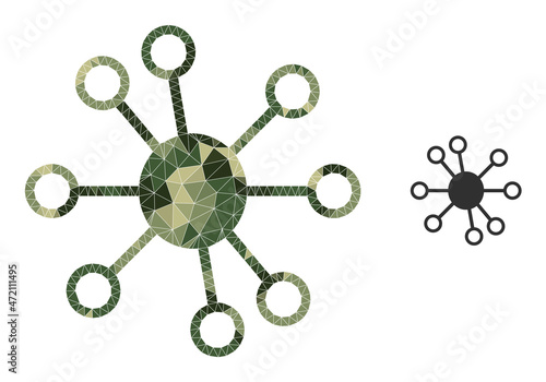 Camouflage low-poly mosaic node links icon. Low-poly node links icon combined from scattered khaki filled triangle parts. Vector node links icon created in khaki military style.