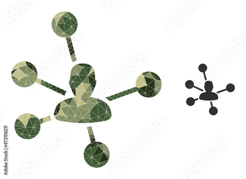 Camouflage lowpoly collage social links icon. Lowpoly social links icon constructed from randomized khaki colored triangles. Vector social links icon created in khaki army style.