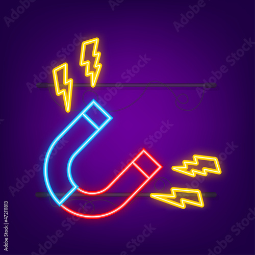 Magnet neon icon. Horseshoe magnet, magnetism. Vector stock illustration.