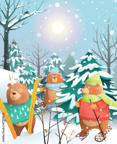 Cute Bears skiing in forest on a sunny winter Christmas day. Xmas greeting card for children. Merry Christmas watercolor style postcard vector graphic.