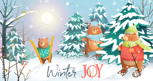 Bears skiing in forest on a sunny and snowy winter Christmas day. Xmas greeting card for children. Merry Christmas watercolor style postcard vector graphic.