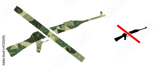 Camouflage triangulated mosaic stop kalashnikov gun icon. Low-poly stop kalashnikov gun icon designed from randomized camouflage color triangles.