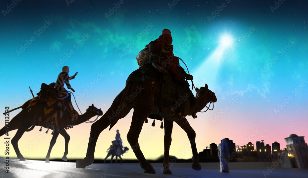 Christian Christmas scene with the three wise men and shining star, 3d render illustration