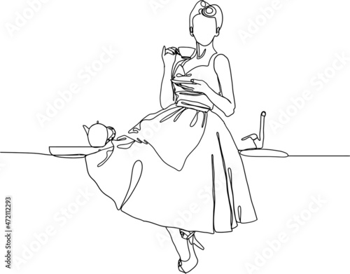 Woman in the kitchen with a cup of hot drink. The girl is drinking tea. Teapot tea and a beautiful drawing girl on background. The woman is resting with tea. Mug with a drink. Vector illustration