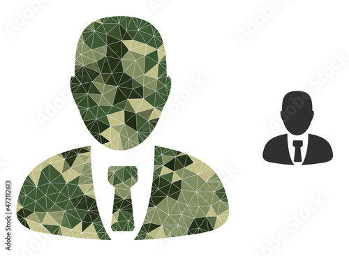 Camouflage lowpoly mosaic manager icon. Lowpoly manager icon constructed with scattered camo filled triangle parts. Vector manager icon in camo army style.