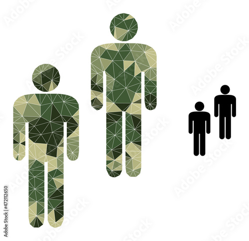 Camouflage triangulated mosaic people icon. Lowpoly people icon designed with randomized khaki colored triangles. Vector people icon designed in khaki army style.