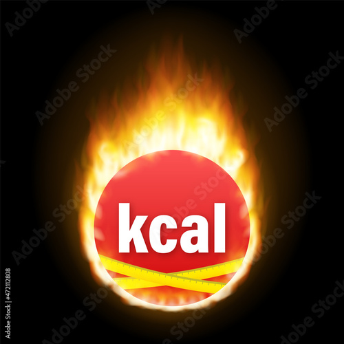 Kilocalorie emblem, kcal reduction. Zero calories diet program packaging. Vector stock illustration.