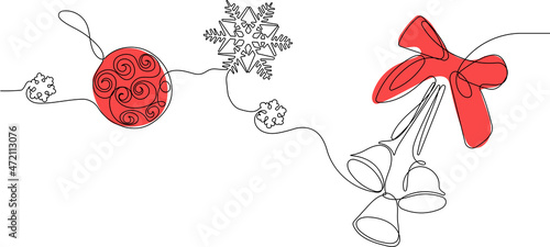 Continuous one line drawing of christmas symbols. Chistmas bells ball and snowflakes. Minimalism vector simplicity design. Vector illustration