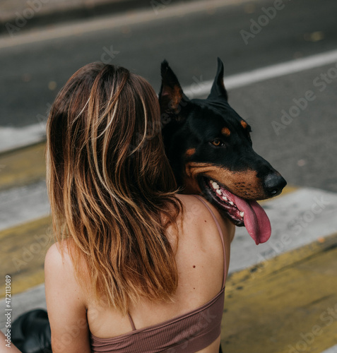 dog, animal, pet, doberman, canine, black, walking, woman, animals, walk, dogs, pets, people, breed, street, park, mammal, brown, leash, dobermann, grass