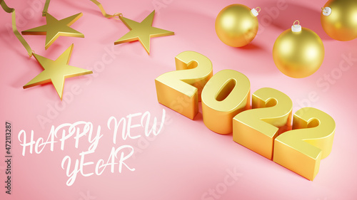 Happy new year 2022 pink background. Number of the year and Christmas decorative objects gold color. 3d illustration