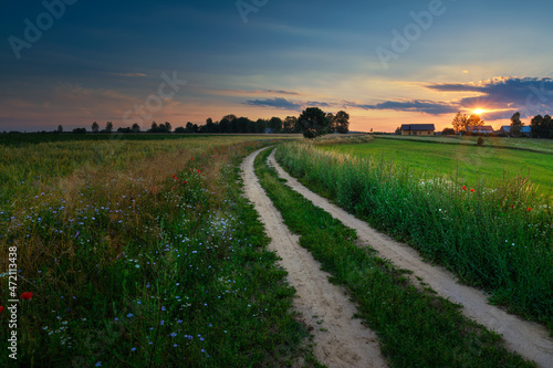 Summer landscape with country road and fields of wheat. Masuria  Poland. HDR image