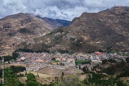 Panoramic view of the city of Chavin de Huantar in the province of Huari in the department of Ancash; photograph taken from the top of the town of Gaucho, observing the details of the town at the foot