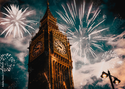 Canvas Print New Year in the city - Big Ben with fireworks