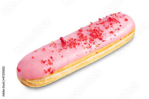 Obraz na plátně Pink strawberry eclair on a white isolated background