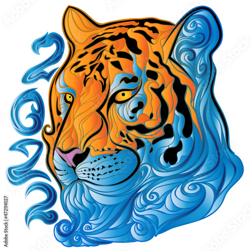 Fototapeta Naklejka Na Ścianę i Meble -  Blue water tiger - symbol of the 2022 new year. Tiger face made of waves. Head of a calm tiger with numbers. Isolated vector illustration in vitrage style.