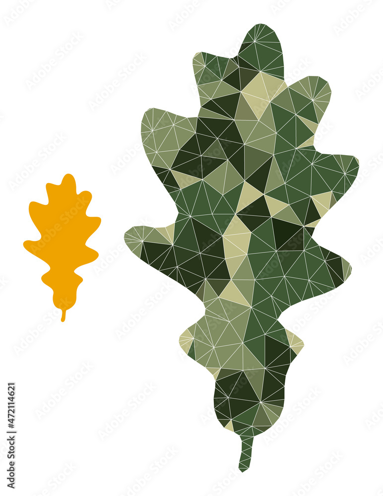 Fototapeta premium Camouflage low-poly collage oak leaf icon. Low-poly oak leaf icon designed from chaotic camouflage colored triangle parts. Vector oak leaf icon in camouflage army style.