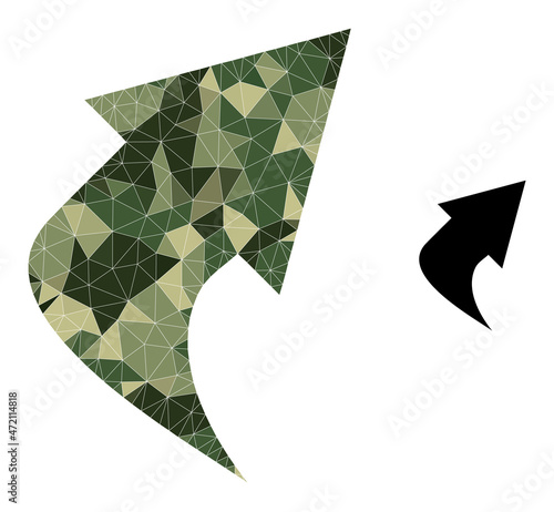 Camouflage low-poly mosaic upload arrow icon. Low-poly upload arrow icon constructed of randomized khaki color triangle parts. Vector upload arrow icon in camouflage army style.
