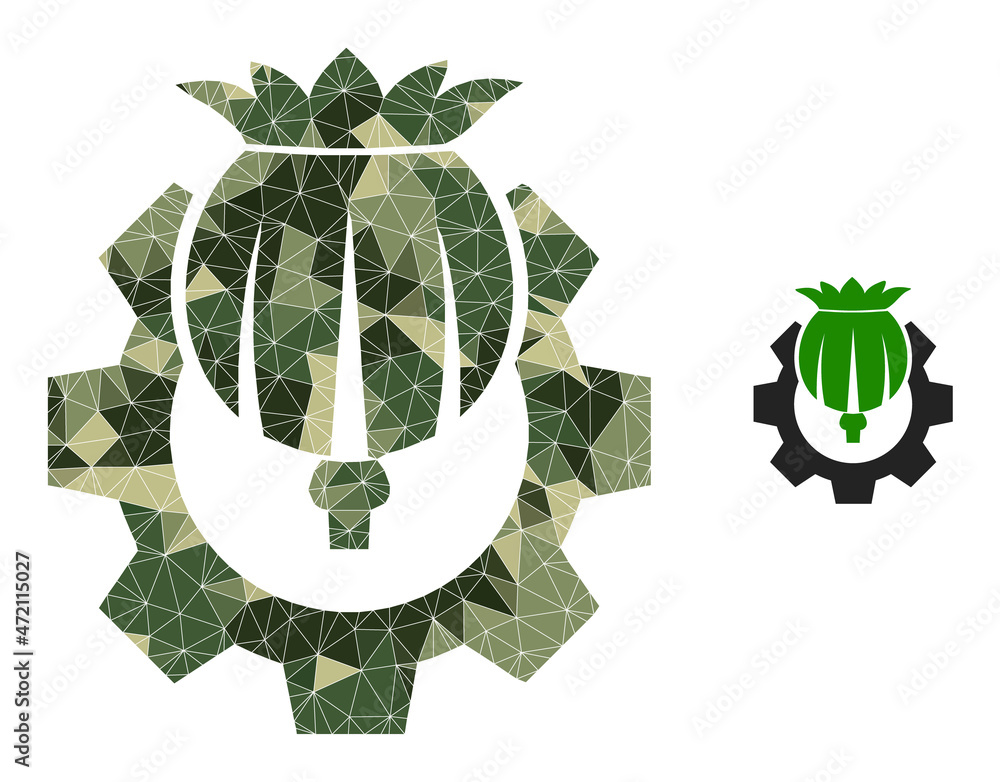 Camouflage polygonal collage opium industry icon. Low-poly opium industry icon designed from chaotic camouflage filled triangles. Vector opium industry icon created in camouflage military style. - obrazy, fototapety, plakaty 
