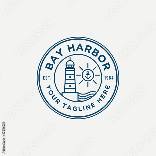 Vector graphic of logo restaurant harbor bay theme, with a classic line art style, emblem, circular, premium quality.