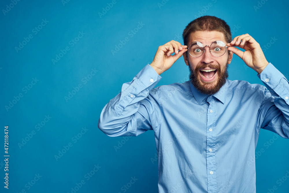 business man with glasses emotions blue background