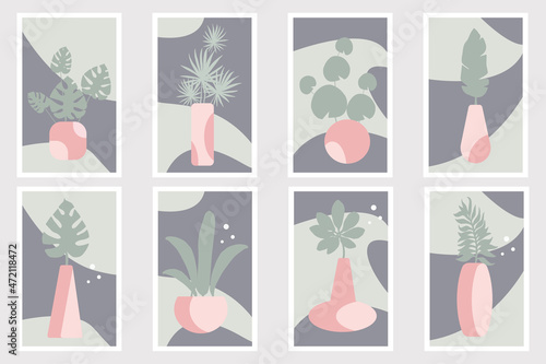 Set of modern posters with tropical plants, leaves in flowerpots on an abstract background.Minimalism.Flat vector graphics.