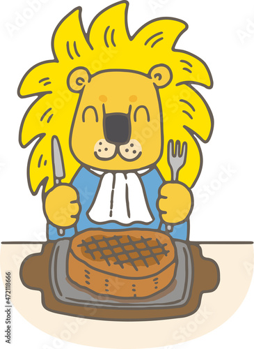 ステーキを食べるライオン/This is an illustration of a lion eating steak.