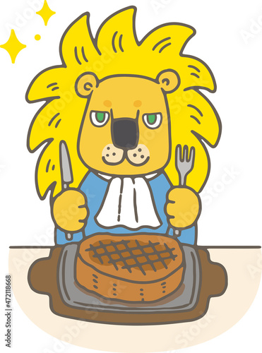 ステーキを食べるライオン/This is an illustration of a lion eating steak.