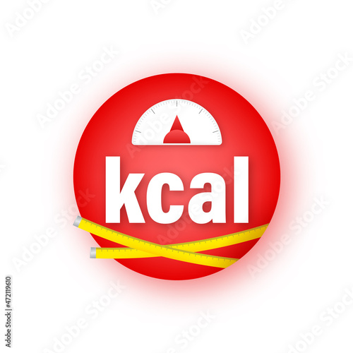 Kilocalorie emblem, kcal reduction. Zero calories diet program packaging. Vector stock illustration.