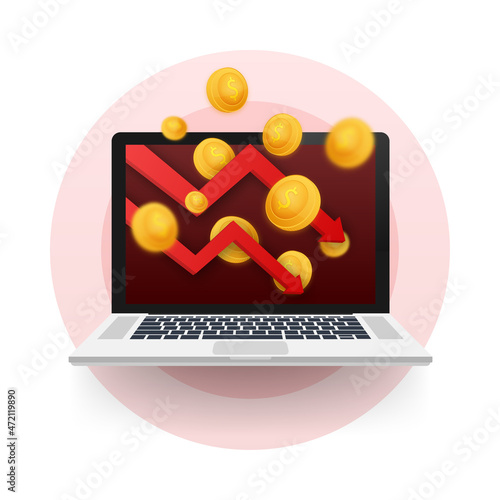 Money loss. Cash with down arrow stocks graph, concept of financial crisis, market fall, bankruptcy. Vector stock illustration