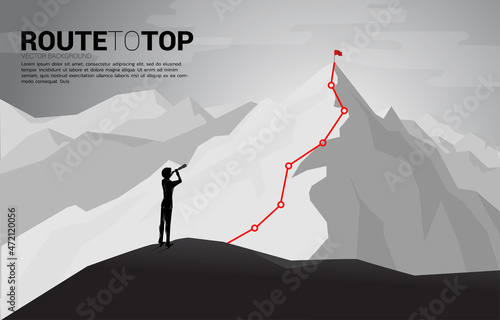 Silhouette of businessman looking through telescope on Route to the top of mountain. Concept of Goal, Mission, Vision, Career path, Vector concept Polygon dot connect line style