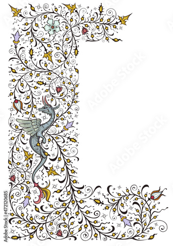 Medieval floral border. Vintage color palette.Ancient book miniature. Magic manuscript.
Vertical orientation.Rectangular frame.